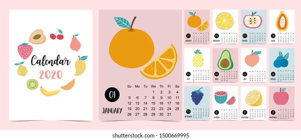 Doodle fruit calendar set 2020 with apple,strawberry;lemon;kiwi,broccoli;pumpkin for children.Can be used for printable graphic.Editable element