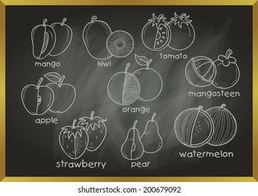 Doodle Fruit Or Chalk Fruit With Blackboard Background