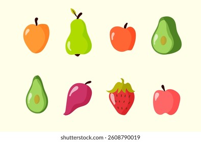 Doodle fruit food in healthy fresh nature for summer scenes. Vegetarian ripe watermelon, durian, banana, apple, orange, lemon, plum, pear, kiwi, pineapple, pomegranate, cherry, strawberry, blueberry, 