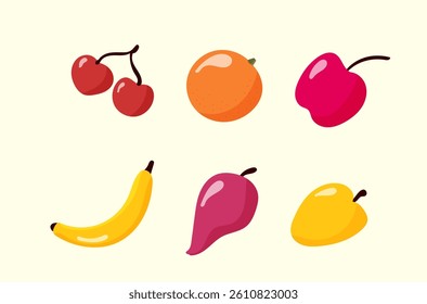 Doodle fruit and food present healthy fresh nature in summer mood. Vegetarian ripe watermelon, durian, banana, apple, orange, lemon, plum, pear, kiwi, pineapple, pomegranate, cherry, strawberry, 