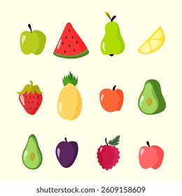 Doodle fruit and food reflect healthy fresh nature in summer. Vegetarian ripe watermelon, durian, banana, apple, orange, lemon, plum, pear, kiwi, pineapple, pomegranate, cherry, strawberry, blueberry