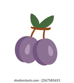 Doodle fruit icon. Sticker with juicy purple plums on tree branch. Healthy organic food with vitamins. Natural Ingredient for Vegans. Cartoon flat vector illustration isolated on white background
