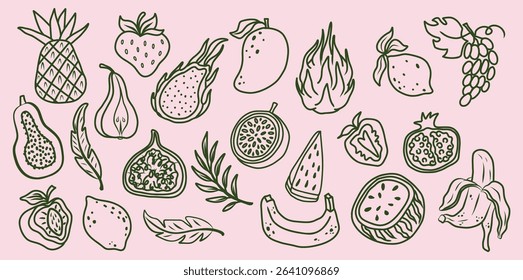 Doodle fruit line art set with hand-drawn tropical fruits: banana, pineapple, watermelon, mango, lemon, fig, pear, grape, pomegranate, strawberry, dragon fruit on pink background.