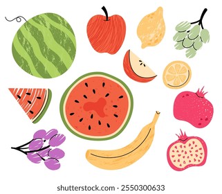 Rabiscar frutas. Maçã vermelha, inteira e melancia cortada. Banana fresca, uva e limão. Comida desenhada à mão. Simples romã. Elementos tropicais exóticos minimalistas. Ilustração isolada de desenho animado vetorial