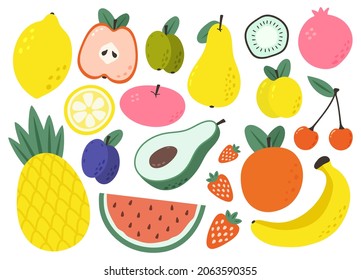 Doodle fruit. Vegan menu, healthy food, Natural tropical fruits, pineapple, watermelon, pear, apple, kiwi, banana, strawberry, avocado, peach, apricot, plum and pomegranate. Natural food illustration