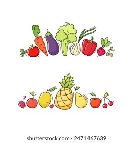 Doodle fruit and vegetables icons. Set of apple, strawberry, lemon, eggplant, onion, pepper, pineapple. Outline sketch of summer organic food collection. Cute sweet set, vector illustration