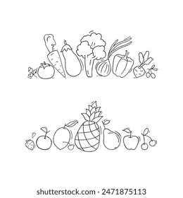 Doodle fruit and vegetables icons. Set of apple, strawberry, lemon, eggplant, onion, pepper, pineapple. Outline sketch of summer organic food collection. Cute sweet set, vector illustration