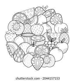 Doodle fruits circle shape pattern for coloring book. Food mandala coloring page. Black and white print with strawberry, dragon fruit, peach, etc. Vector illustration