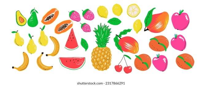 Doodle fruits collection. Vector isolated icons illustration set