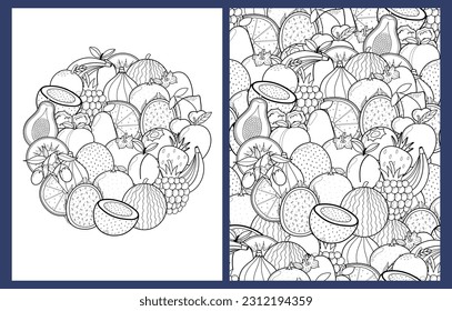 Doodle fruits coloring pages set in US Letter format. Black and white healthy food background templates for coloring book. Vector illustration