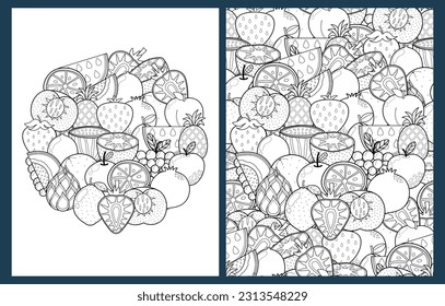 Doodle fruits coloring pages set in US Letter format. Black and white healthy food background templates for coloring book. Vector illustration