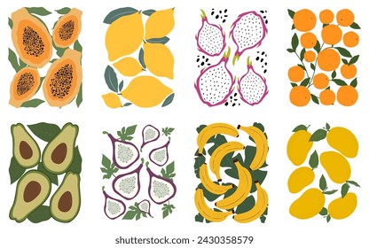 Doodle Fruits. Fondo de garabato de fruta. Colección Frutas con hojas forma abstracta doodle art design para imprimir: papaya, limón, fruta del dragón, naranja, aguacate, higos, plátano, mango