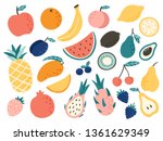 Doodle fruits. Natural tropical fruit, doodles citrus orange and vitamin lemon. Vegan kitchen apple hand drawn, organic fruits or vegetarian food. Vector isolated icons illustration set