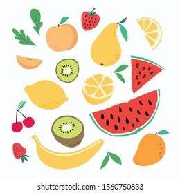 Doodle fruits. Natural tropical fruit, Doodles citrus orange and vitamin lemon. Vegan kitchen apple hand drawn, organic fruits or vegetarian food. Vector isolated icons illustration set 