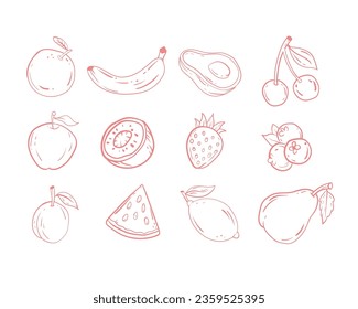 Doodle fruits. Natural tropical fruit, doodles citrus orange and vitamin lemon. Vegan kitchen apple hand drawn, organic fruits or vegetarian food. Vector isolated icons illustration set