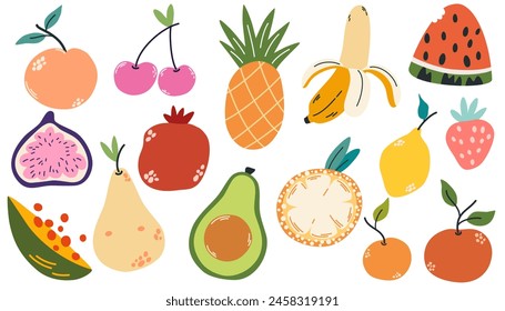 Doodle fruits. Natural tropical fruit, doodles citrus orange and vitamin lemon. Vegan kitchen apple hand drawn vector illustration