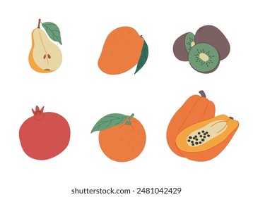 Doodle fruits. Natural tropical fruit, doodles citrus orange and vitamin lemon. Vegan kitchen apple hand drawn, organic fruits or vegetarian food. Vector isolated icons illustration set
