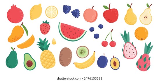 Frutas Doodle. Fruta tropical natural, garabatos de naranja cítrica y vitamina limón. Cocina vegana de manzana dibujada a mano, frutas orgánicas o comida vegetariana. Ilustración de iconos aislados de Vector en blanco