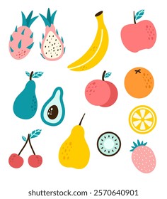 Doodle fruits. Natural tropical fruit, doodles citrus orange and vitamin lemon. Vegan kitchen apple hand drawn, organic fruits or vegetarian food. Vector isolated