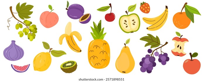 Doodle fruits. Natural tropical fruit citrus orange and vitamin lemon, apple, peach, cherry, strawberry, pineapple. Organic fruits or vegetarian food. Vector isolated hand draw illustration set