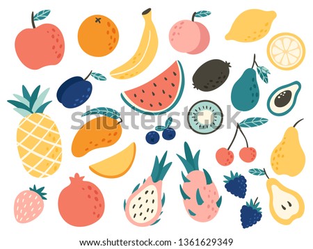 Doodle fruits. Natural tropical fruit, doodles citrus orange and vitamin lemon. Vegan kitchen apple hand drawn, organic fruits or vegetarian food. Vector isolated icons illustration set