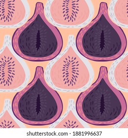 Doodle fruits seamless pattern with fig purple and pink ornament. Orange pastel background. Perfect for fabric design, textile print, wrapping, cover. Vector illustration.