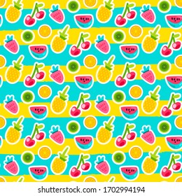 Doodle fruits seamless vector pattern. Kiwi, watermelon, strawberry stickers on striped background