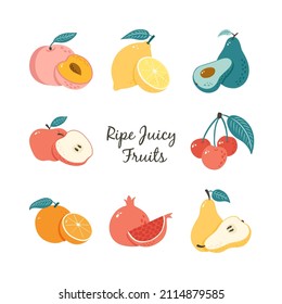 Doodle Fruits Set. Collection of Hand Drawn fruit illustrations for logo, market label, sticker, menu, food package design and decoration