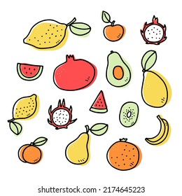 Doodle fruits set. Hand-drawn orange, apple, avocado, pear. Color lemon, pomegranate, banana, Pitaya on white background. Healthy food, diet, vitamin, organic plant, gardening. Vector illustration