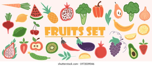 Doodle fruits. Set of tasty ripe juicy exotic tropical fruits, whole and cut into slices. Vegan kitchen apple hand drawn, organic fruits or vegetarian food. Vector illustration in doodle style