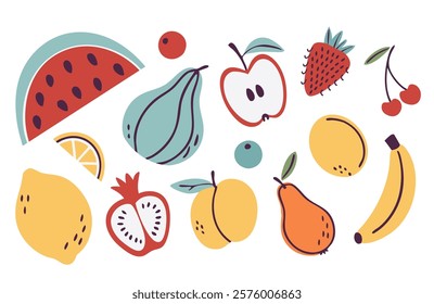 Doodle fruits set: watermelon, apple, banana, lemon, strawberry, cherry, pear, fig, pomegranate and berries. Flat vector fruits collection. Playful and vibrant design perfect for prints and patterns.