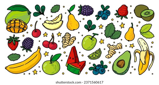 Doodle fruits. Summer apple, strawberry and cherry, orange, banana and blueberry, food. Sweet tropical products. Hand drawn avocado, watermelon and ginger. Vector cartoon icon isolated set