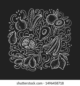 Doodle Fruits. Tropical Fruit set. Avocado, Pomegranate, Pear, Passion fruit, Banana, Plum, Lemon. Chalk drawn Blackboard drawing. Summer Healthy Tropical Vegan Food.