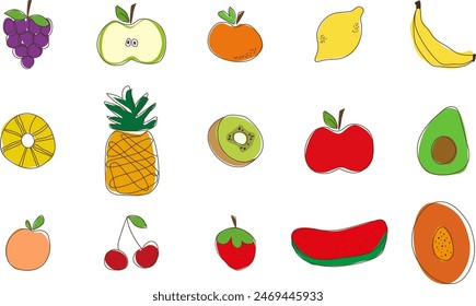 Doodle fruits. Vector colorful food in cartoon hand-drawing style