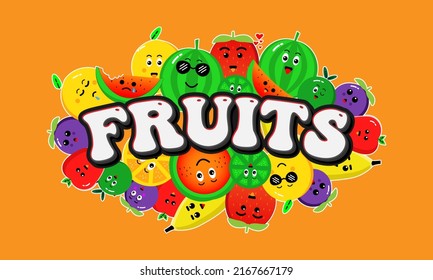 Doodle Fruits Vector Ilustration with 3D Text Fruits. Sketch doodle set. Cartoon style. Bright colors. Various hand-drawn food on Orange Background.