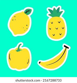 Doodle fruits and vegetable. Tropical fruit, doodles citrus lemon and pineapple. Vegan kitchen paprika hand drawn, natural organic fruits or vegetarian food.