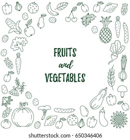 Doodle fruits and vegetables graphic icons set organized as round text frame border