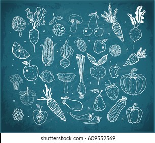 Doodle fruits and vegetables on blackboard background. Vector sketch illustration of healthy food.