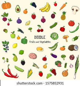 Doodle fruits and vegetables set