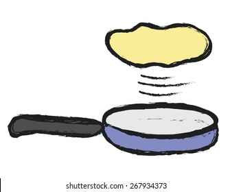 doodle frying pan with flying pancake, vector illustration