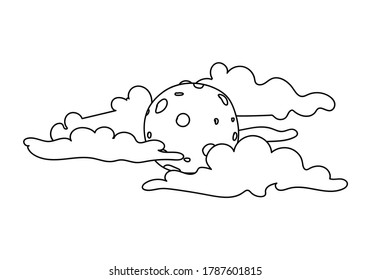 Doodle Full moon among the clouds. Night sky hand drawn in line art style. Vector illustration isolated on white. For print, postcards, posters, book picture