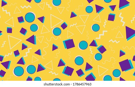 Doodle Fun Background. Seamless Pattern. Yellow Doodle Backdrop. Seamless 90s. Memphis Pattern. Vector Illustration. Hipster Style 80s-90s. Abstract Colorful Funky Background.