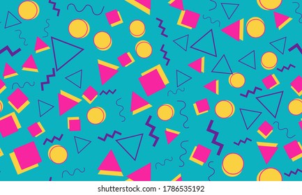 Doodle Fun Background. Seamless Pattern. Summer Doodle Backdrop. Seamless 90s. Memphis Pattern. Vector Illustration. Hipster Style 80s-90s. Abstract Colorful Funky Background.