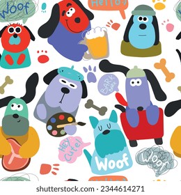 Doodle with fun dogs different color and emotions, bones, paws, speach bubbles. Vector, modern seamless pattern.