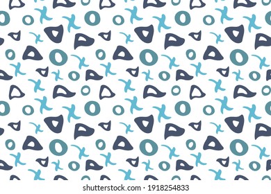 Doodle fun seamless pattern. Hand drawn ink paint brush stroke, organic geometrical shapes triangle, circle, cross elements, blue marine tone color palette. Transparent background. Vector illustration
