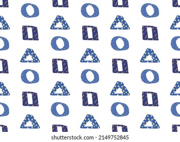 Doodle fun seamless pattern. Hand drawn paint brush strokes, basic geometric shapes, trendy cartoon baby illustration, neon blue yellow bright color palette. Transparent background. Vector 