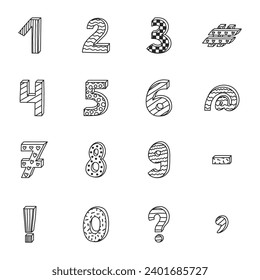 Doodle funky 3d number set with hand drawn outline and memphis decoration. Patterned bold symbols with shadow. Funny numbers and punctuation marks for cover, logotype, design template, poster.