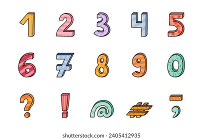 Doodle funky 3d number set with memphis decoration and hand drawn outline. Chunky bold symbols with shadow. Funny numbers and punctuation marks for book cover, logotype, poster, banner, greeting card