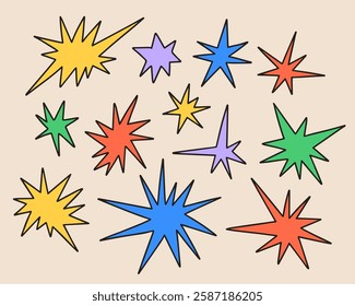 Doodle funky star set. Colorful hand drawn sparkle shapes collection. Bright irregular twinkles comic style