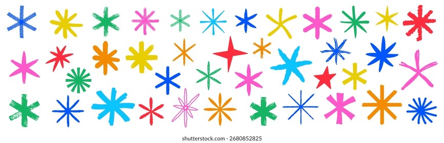 Doodle funky star shapes, hand drawn colorful grunge sparking, different bold and thin brush design elements, decoration art